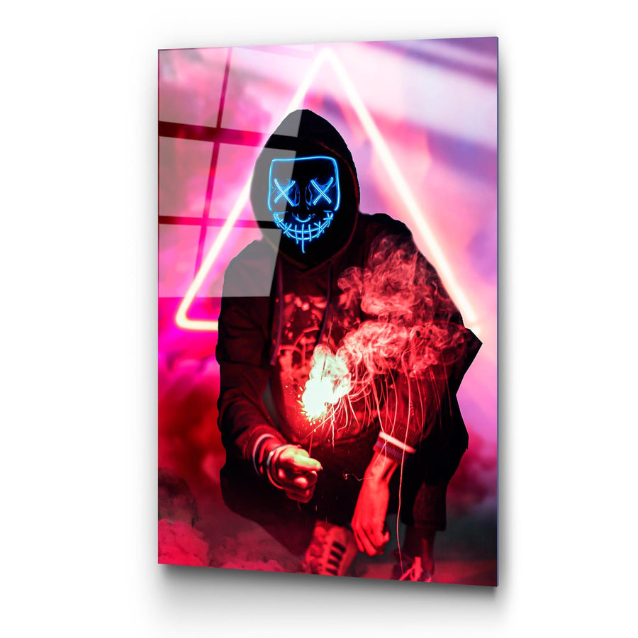 Maskeli Hoodie Figür Pembe Cam Tablo - Kırmızı