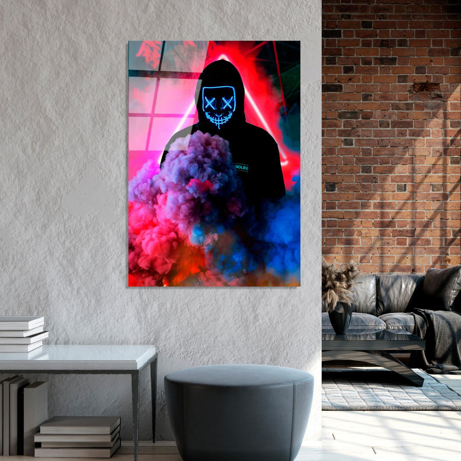 Maskeli Hoodie Figur Duman Cam Tablo - Siyah