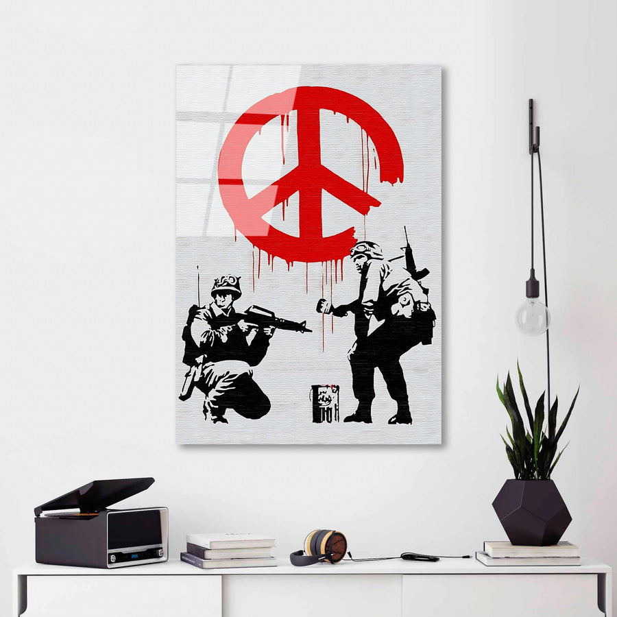Asker Baris Isareti Banksy Cam Tablo - Beyaz