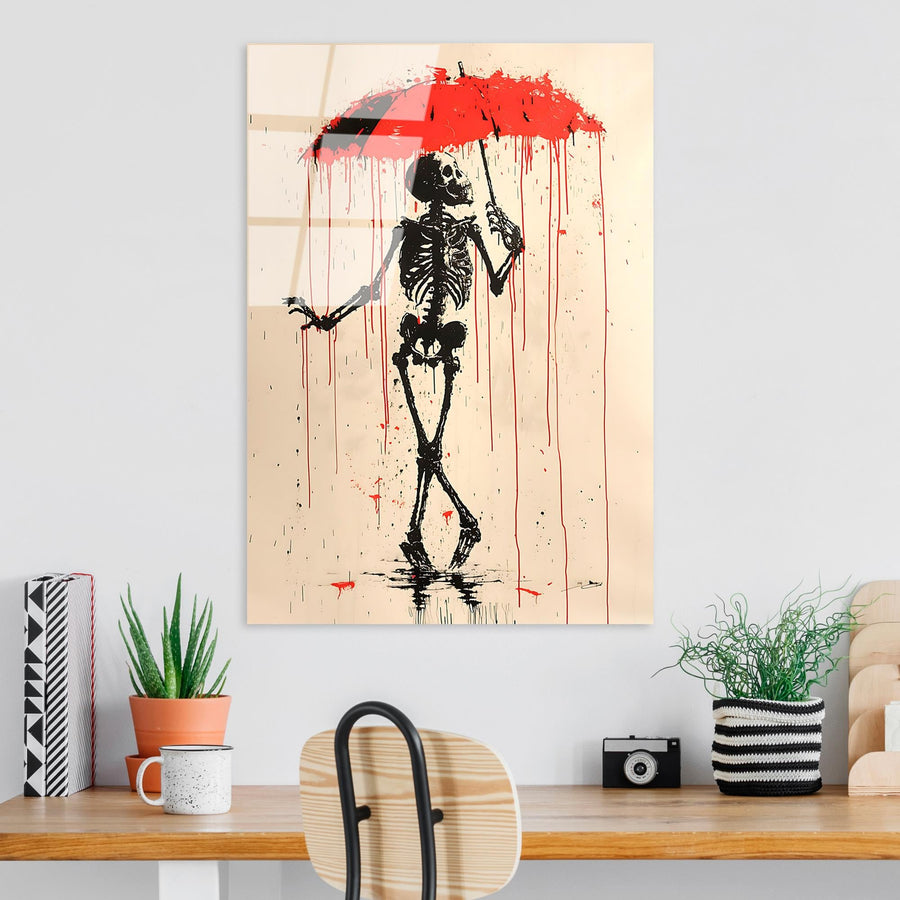 İskelet Şemsiye Banksy Cam Tablo - Krem