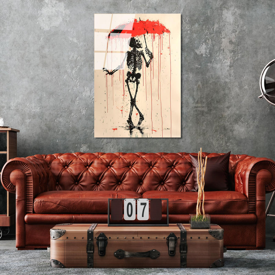 İskelet Şemsiye Banksy Cam Tablo - Krem
