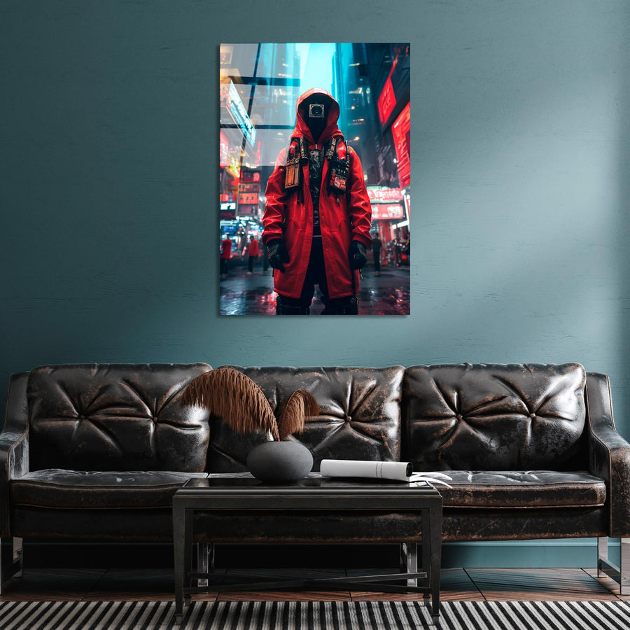 Cyberpunk Figür Şehir Cam Tablo - Kırmızı