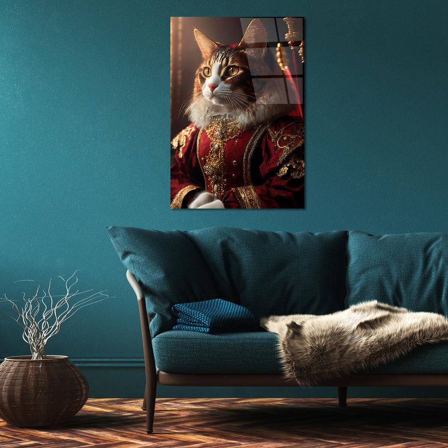 Kostumlu Kedi Portre Cam Tablo - Kirmizi