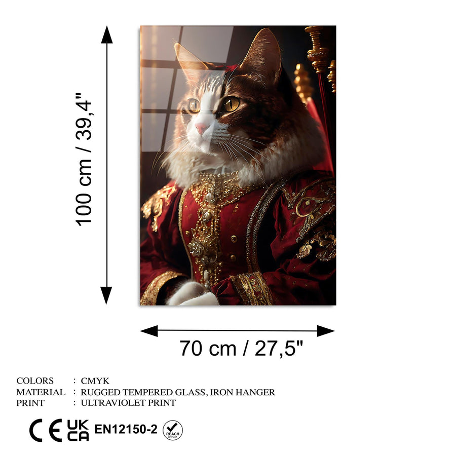 Kostumlu Kedi Portre Cam Tablo - Kirmizi