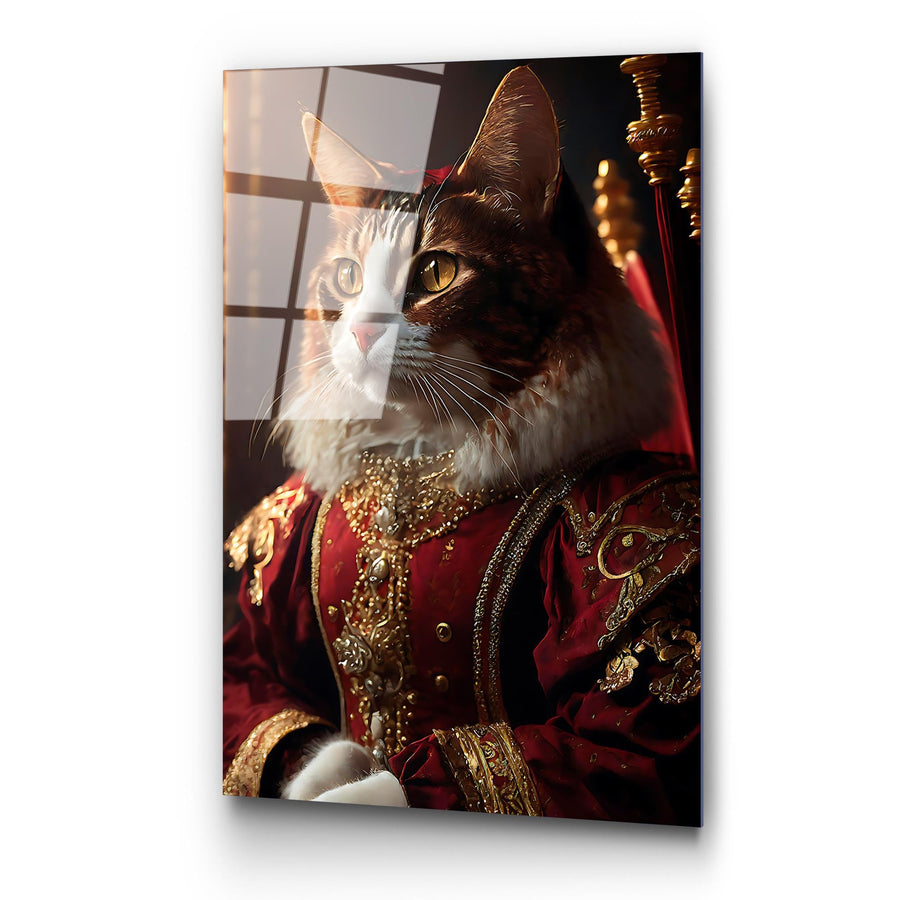 Kostumlu Kedi Portre Cam Tablo - Kirmizi