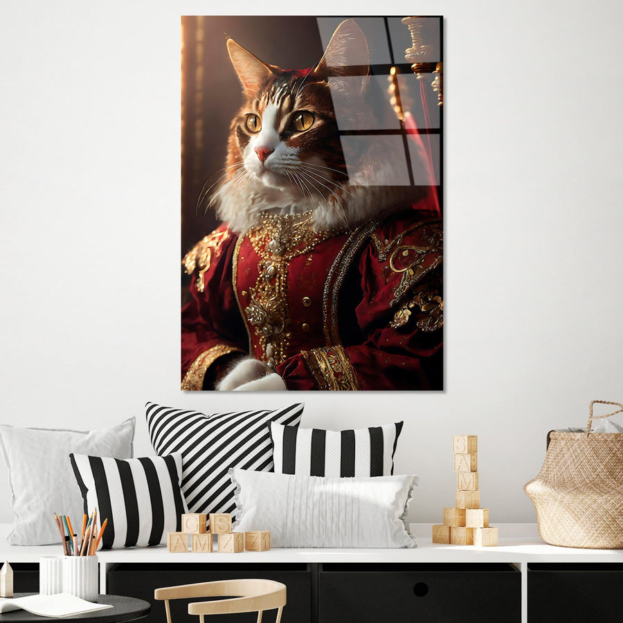 Kostumlu Kedi Portre Cam Tablo - Kirmizi