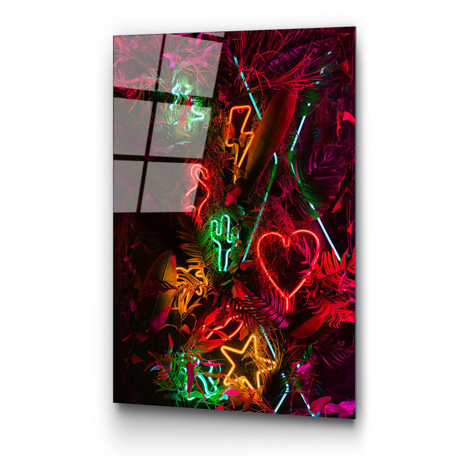 Neon Semboller Tropikal Cam Tablo - Kirmizi