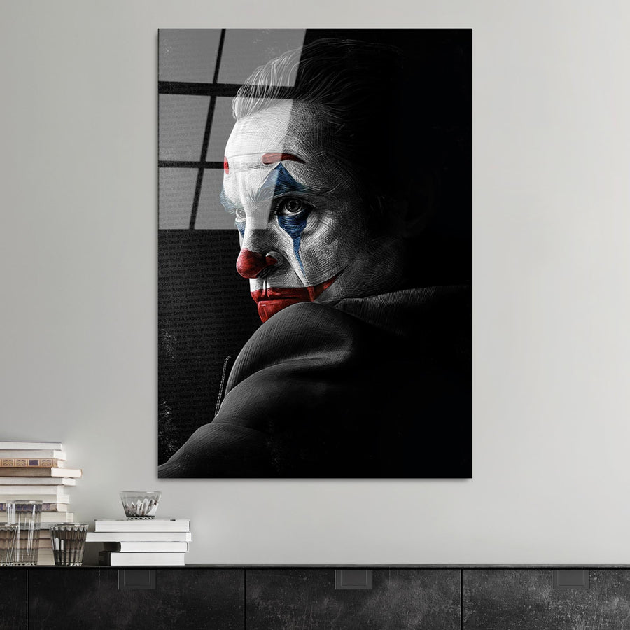 Joker Portre Siyah Beyaz Cam Tablo - Siyah
