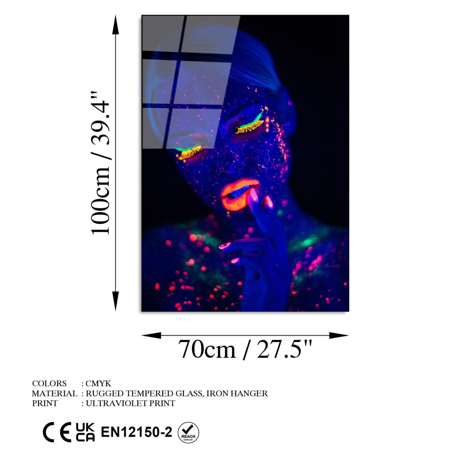 Kadin Portre Neon Boya Cam Tablo - Lacivert