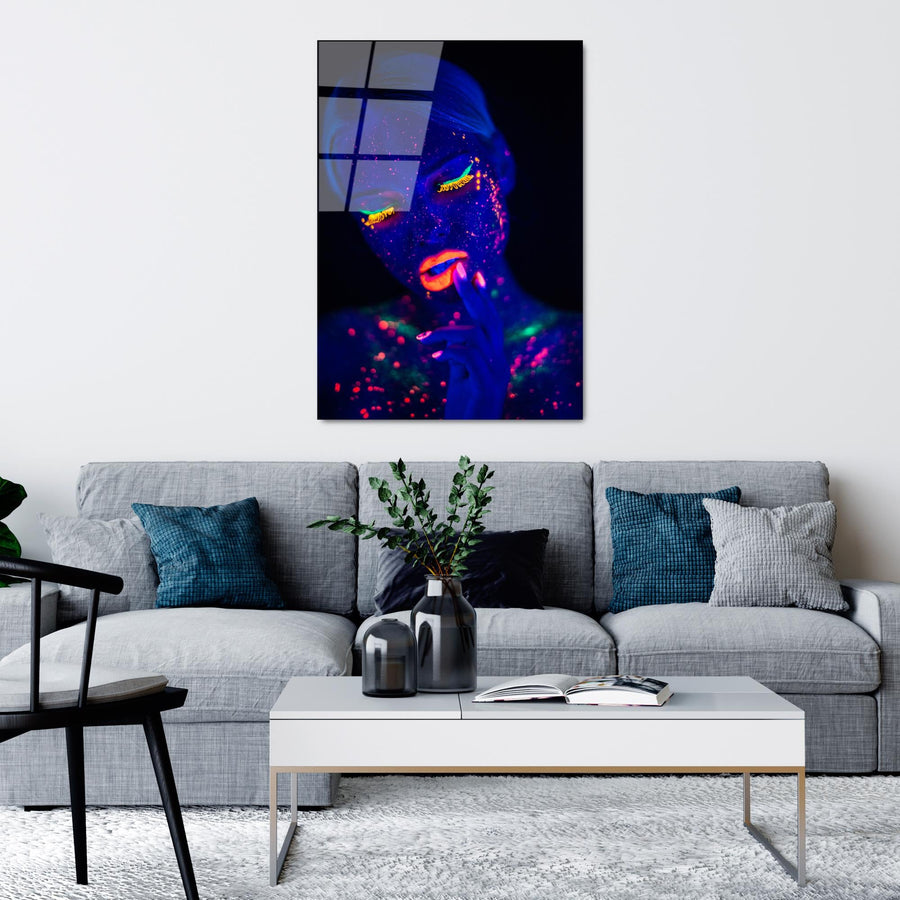 Kadin Portre Neon Boya Cam Tablo - Lacivert