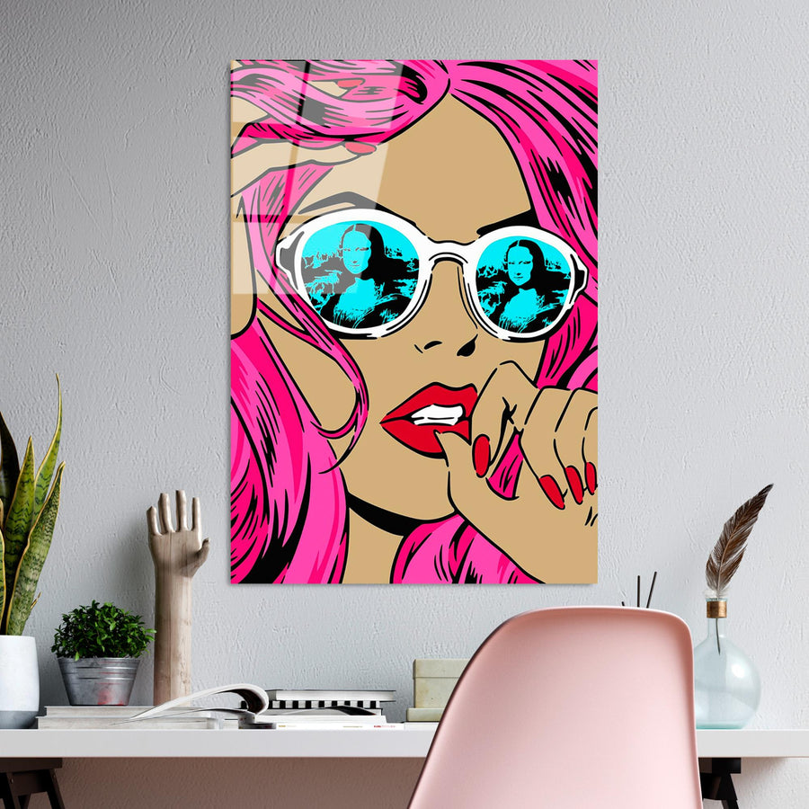 Pembe Sacli Mona Lisa Kadin Cam Tablo - Pembe
