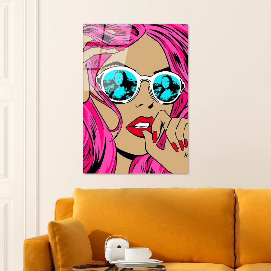 Pembe Sacli Mona Lisa Kadin Cam Tablo - Pembe