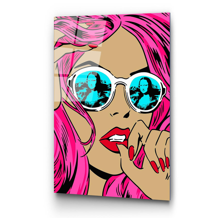 Pembe Sacli Mona Lisa Kadin Cam Tablo - Pembe