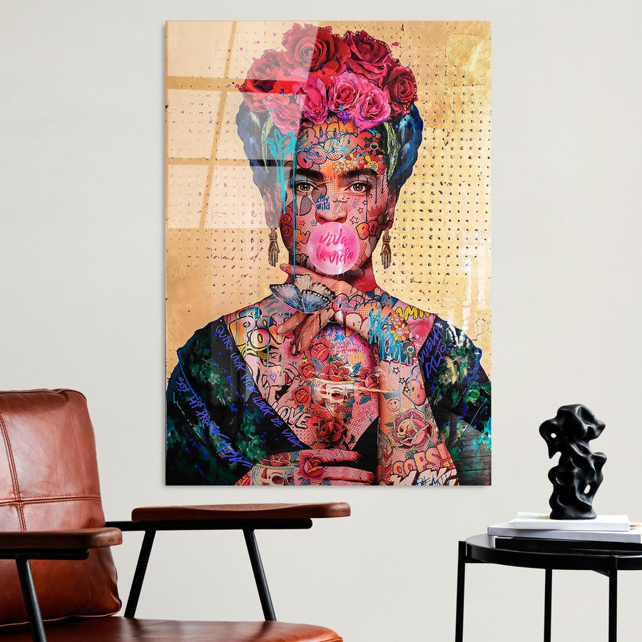 Frida Kahlo Graffiti Pop Art Cam Tablo - Altin