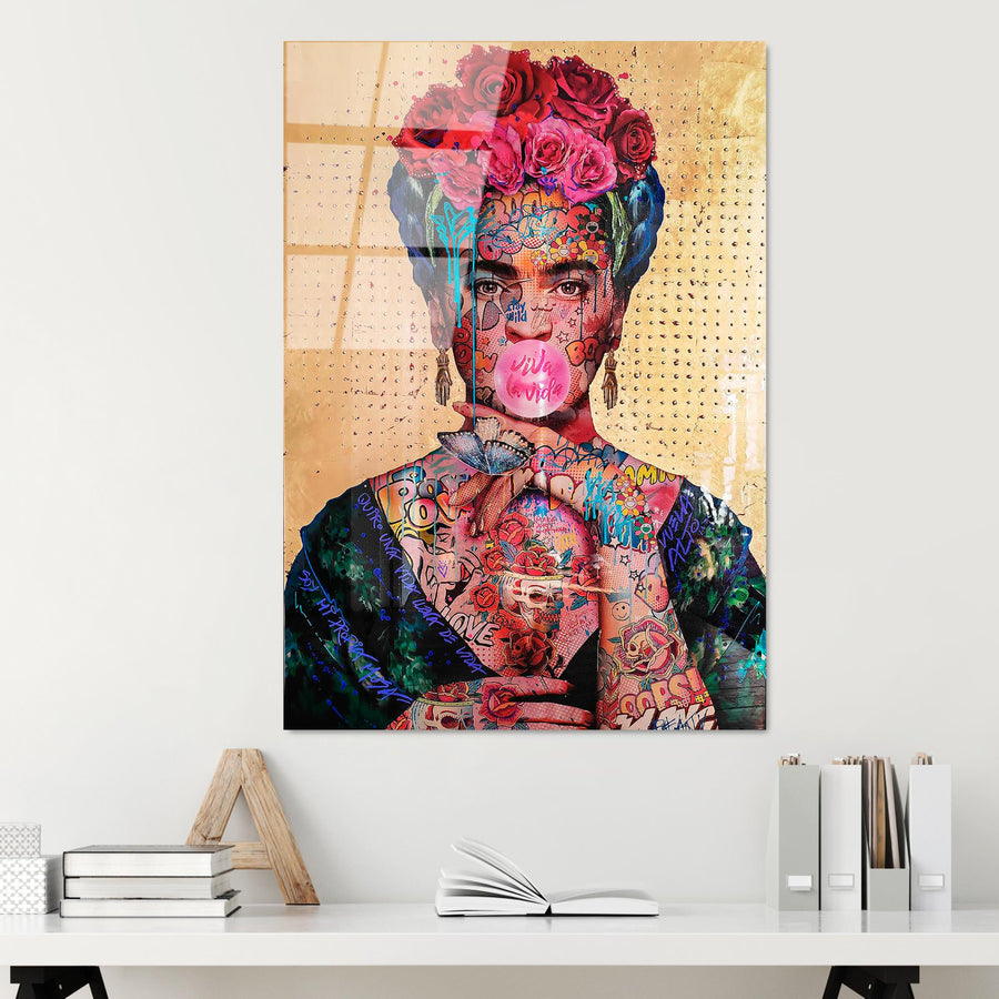 Frida Kahlo Graffiti Pop Art Cam Tablo - Altin