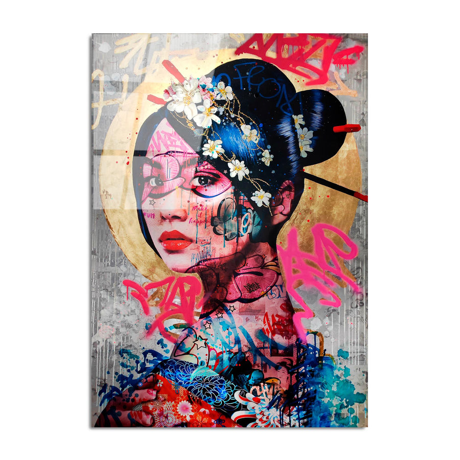 Geisha Graffiti Pop Art Cam Tablo - Cok-Renkli