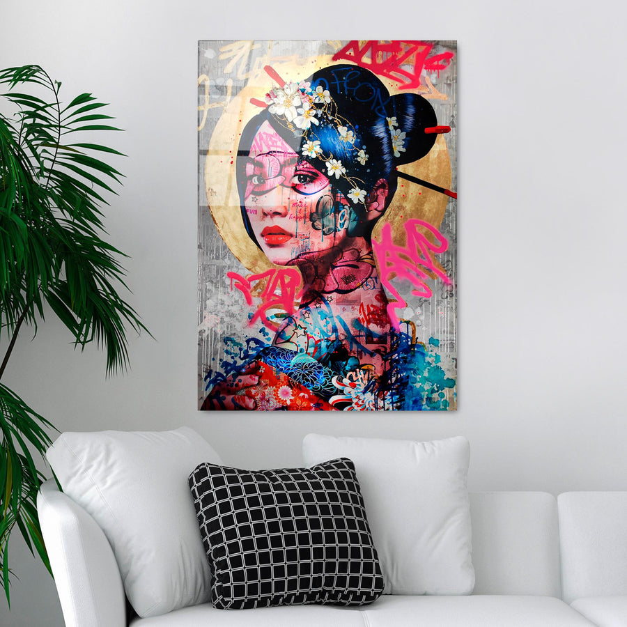 Geisha Graffiti Pop Art Cam Tablo - Cok-Renkli