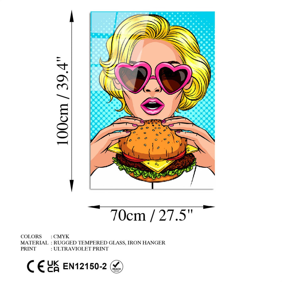 Pop Art Kadin Cam Tablo - Mavi