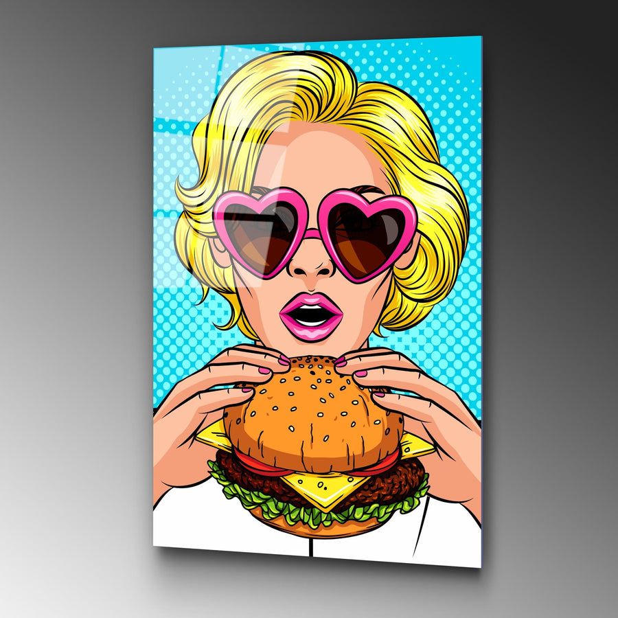 Pop Art Kadin Cam Tablo - Mavi