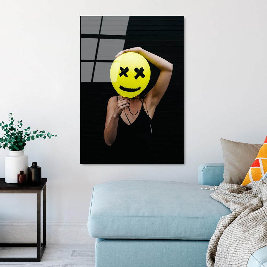 Smiley Balon Kadin Cam Tablo - Siyah