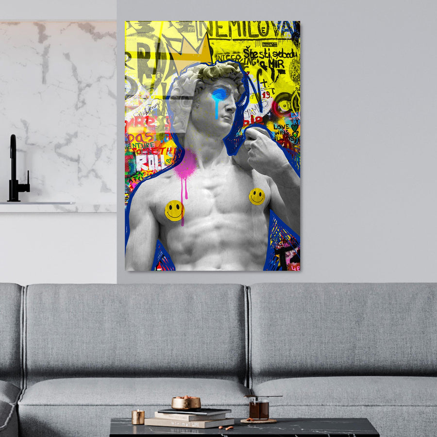 Pop Art David Heykeli Cam Tablo - Sari