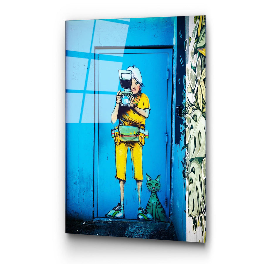 Fotografci Kiz Grafiti Cam Tablo - Mavi
