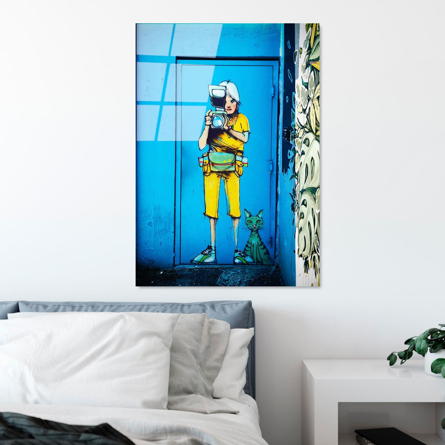 Fotografci Kiz Grafiti Cam Tablo - Mavi