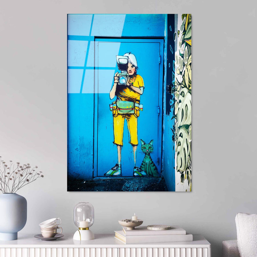 Fotografci Kiz Grafiti Cam Tablo - Mavi