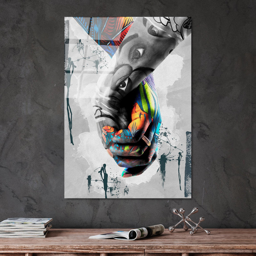 Grafiti Yüz Sanat Cam Tablo - Gri