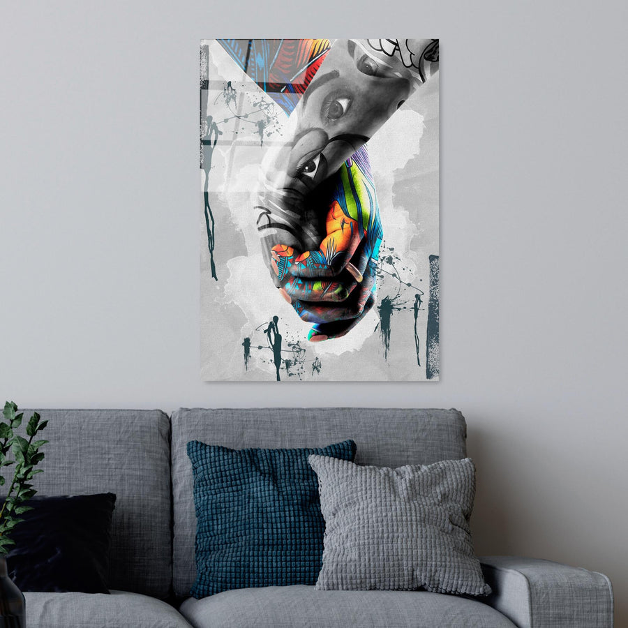 Grafiti Yüz Sanat Cam Tablo - Gri