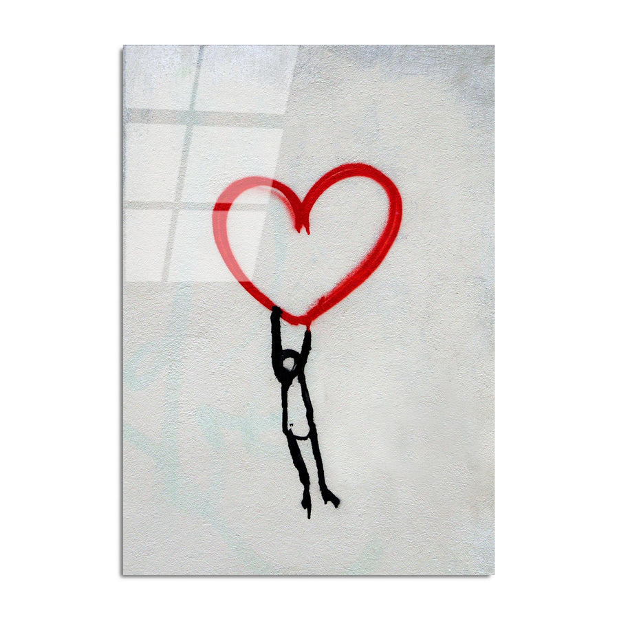 Kalp Balon Banksy Cam Tablo - Beyaz