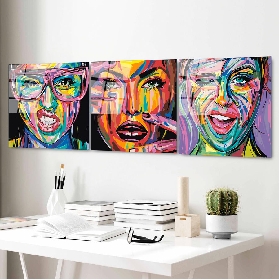 Pop Art Kadin Portre Uclu Set Cam Tablo - Cok Renkli