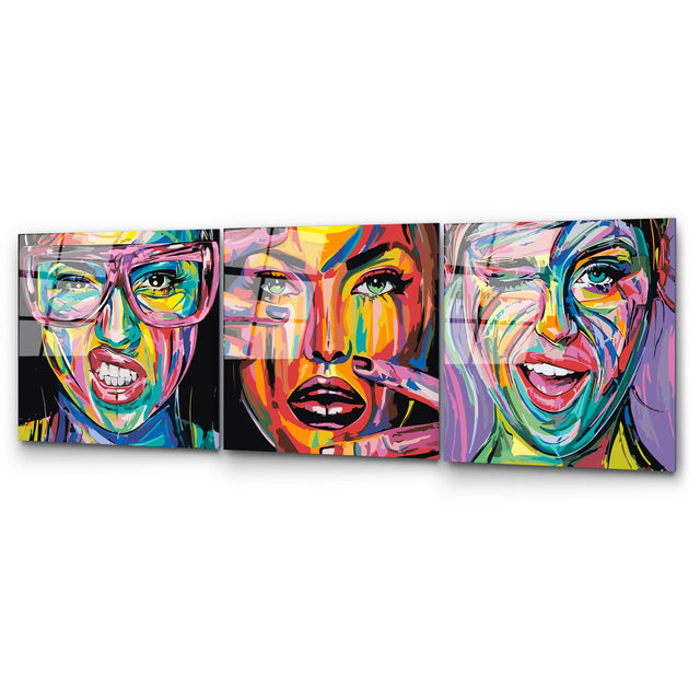 Pop Art Kadın Portre Üçlü Set Cam Tablo - Çok Renkli