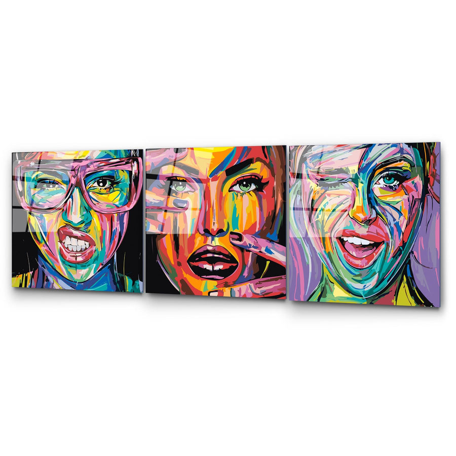 Pop Art Kadin Portre Uclu Set Cam Tablo - Cok Renkli