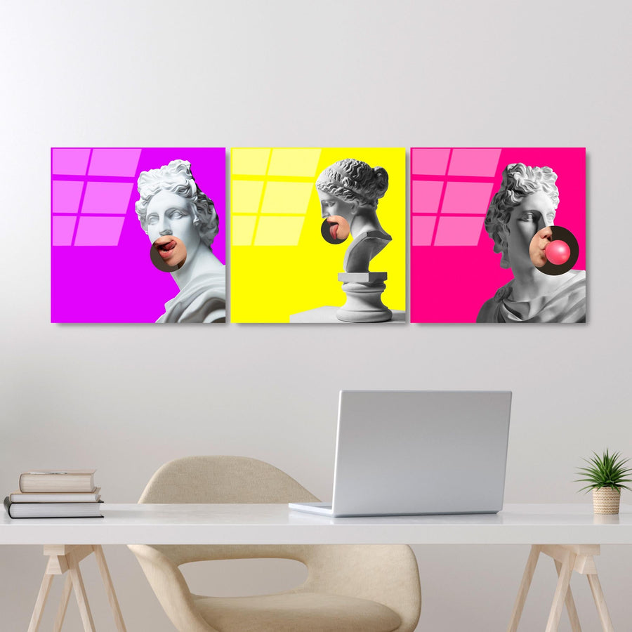 Antik Heykel Pop Art Uclu Set Cam Tablo - Beyaz