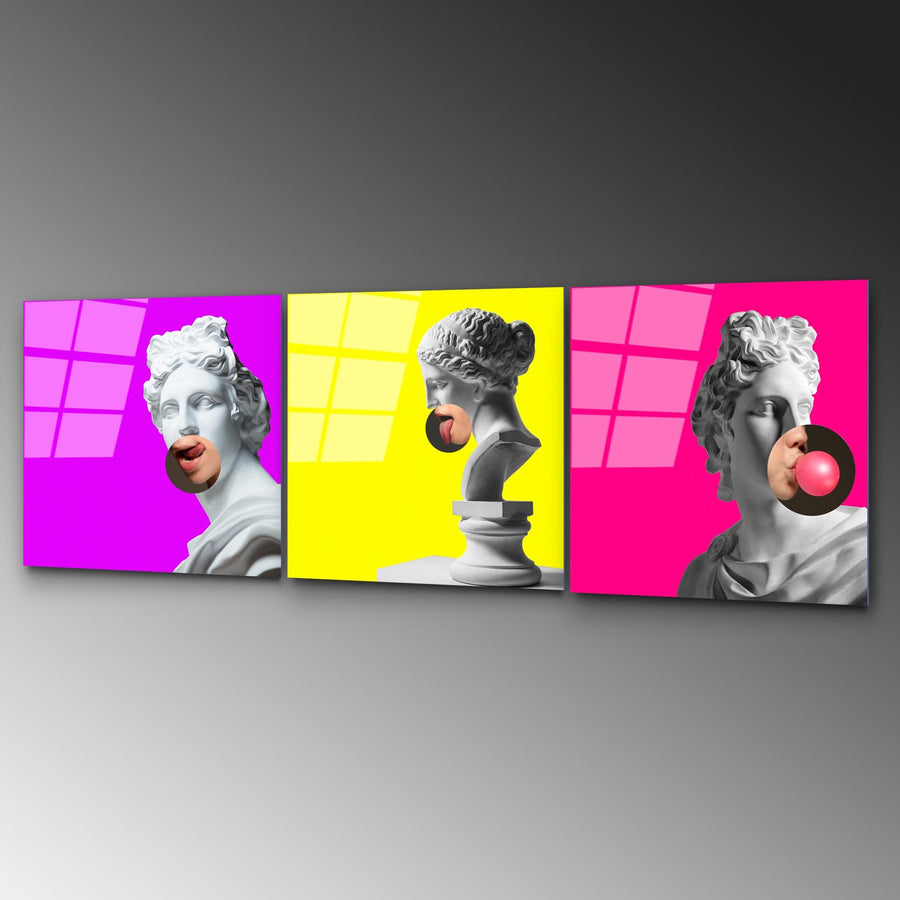 Antik Heykel Pop Art Uclu Set Cam Tablo - Beyaz