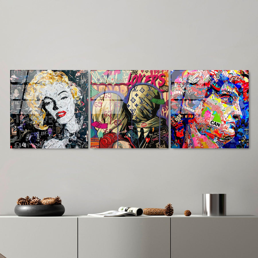 Pop Art Kolaj Portre Uclu Set Cam Tablo - Cok Renkli