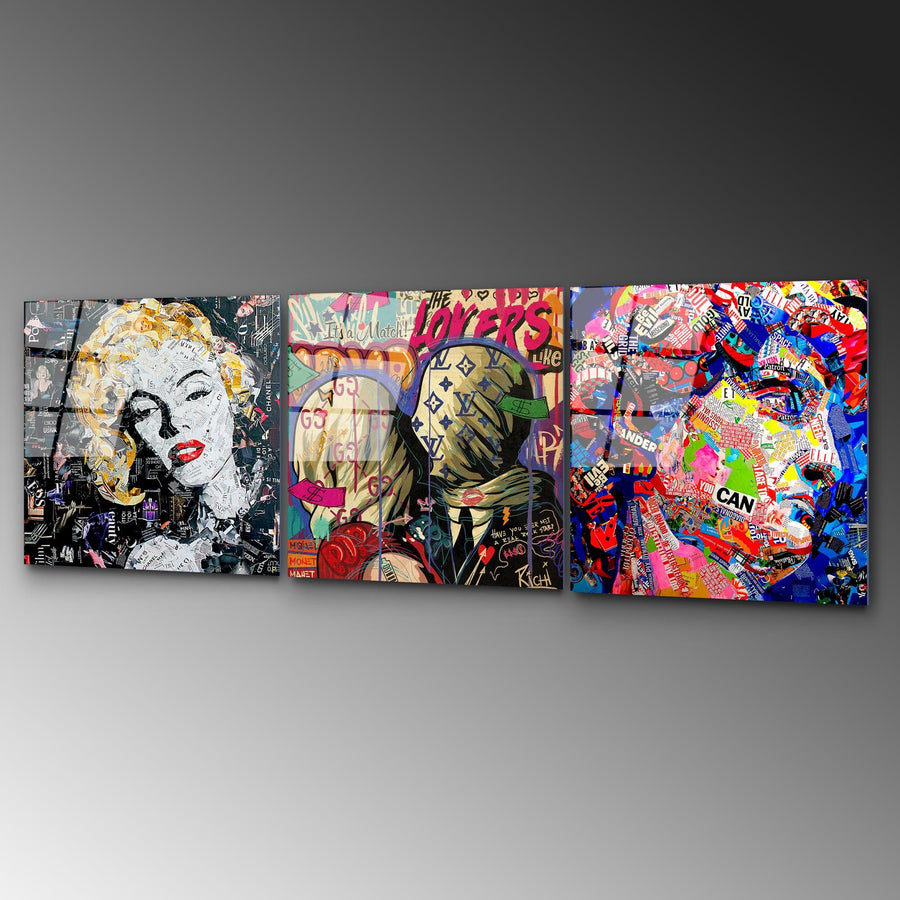 Pop Art Kolaj Portre Uclu Set Cam Tablo - Cok Renkli