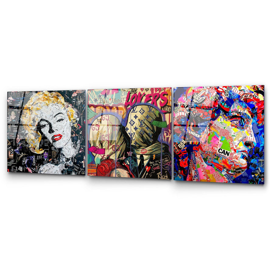 Pop Art Kolaj Portre Uclu Set Cam Tablo - Cok Renkli