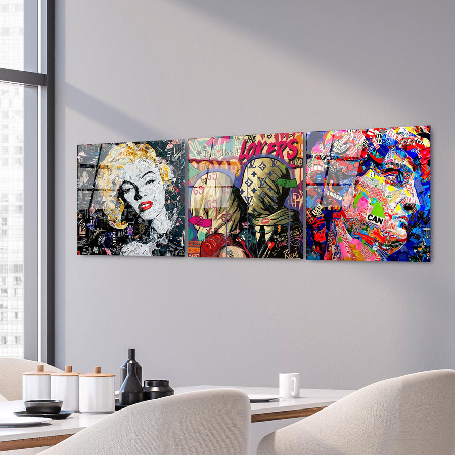 Pop Art Kolaj Portre Uclu Set Cam Tablo - Cok Renkli