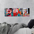 Pop Art Kadin Cesitlemeli Uclu Set Cam Tablo - Kirmizi