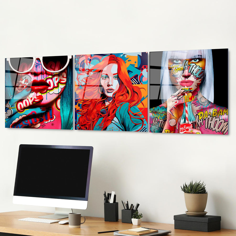 Pop Art Kadin Cesitlemeli Uclu Set Cam Tablo - Kirmizi