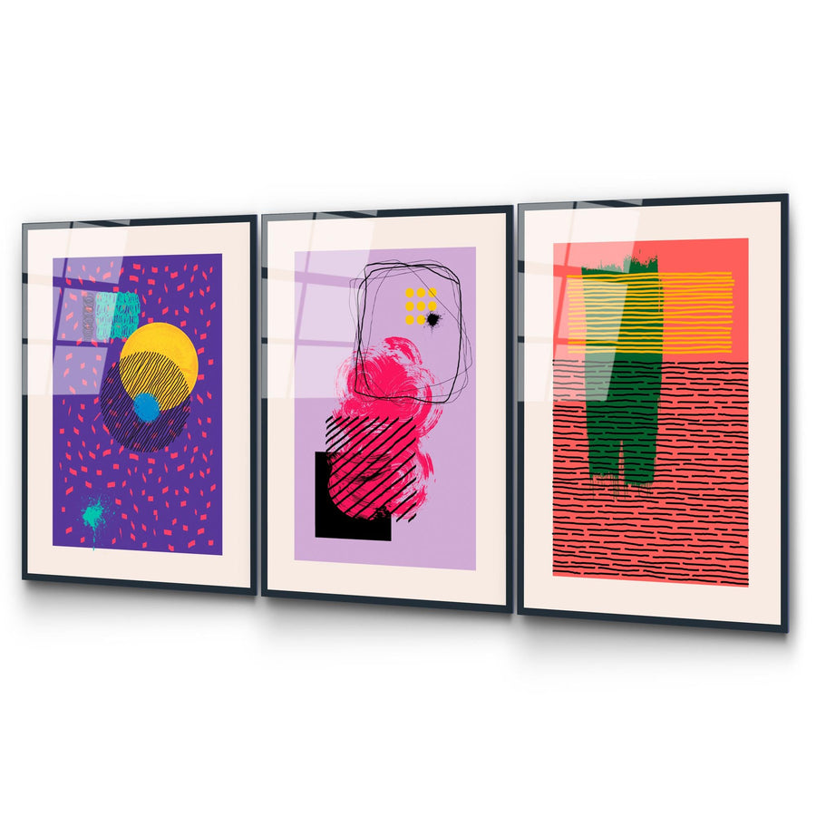 Pop Art Soyut Ucklu Cam Tablo - Mor