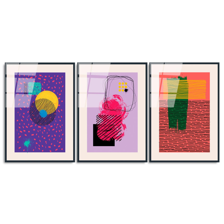Pop Art Soyut Ucklu Cam Tablo - Mor
