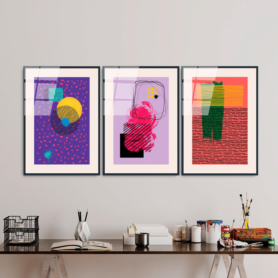 Pop Art Soyut Ucklu Cam Tablo - Mor