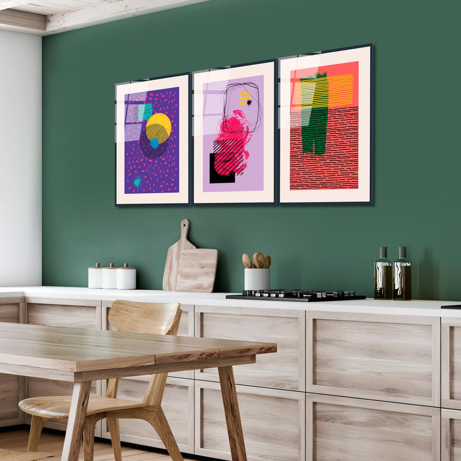Pop Art Soyut Ucklu Cam Tablo - Mor