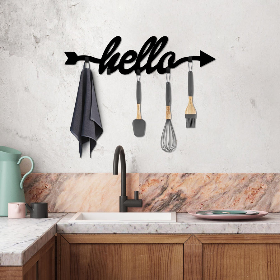 Hello Yazili Ok Metal Duvar Askılığı - Siyah