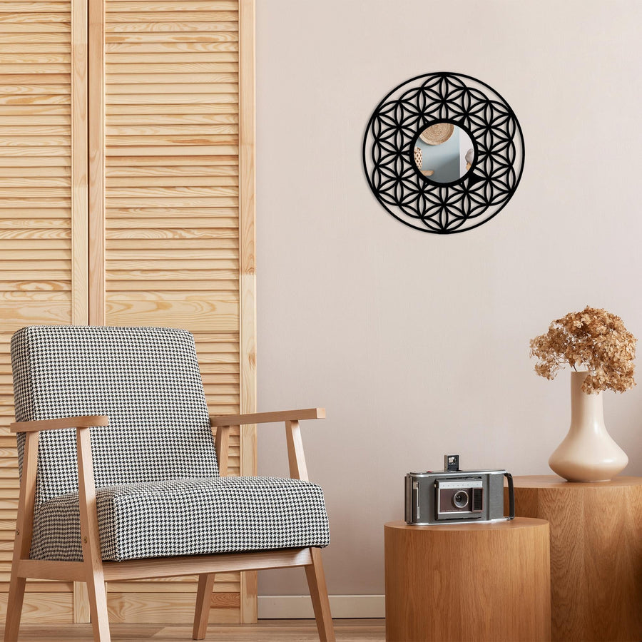 Geometrik Hayat Cicegi Metal Duvar Aynası - Siyah