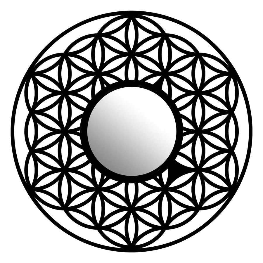 Geometrik Hayat Cicegi Metal Duvar Aynası - Siyah