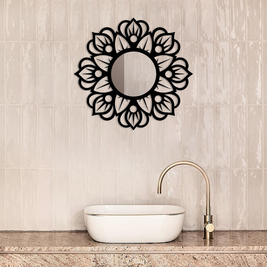 Mandala Yaprak Metal Duvar Aynası - Siyah